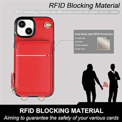 Bocasal Crossbody Wallet Case for iPhone 15, RFID Blocking Leather Purse Case with Card Holder, Protective Handbag Flip Cover with Zipper Wrist Strap Lanyard for Women 5G 6.1 Inch (Red)