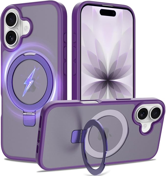 Ultra-Magnetic Stand for iPhone 17 Case [Military Drop Protection] [Compatible with MagSafe] Shockproof Translucent Matte Slim Ring Holder Case for iPhone 17 (Purple)