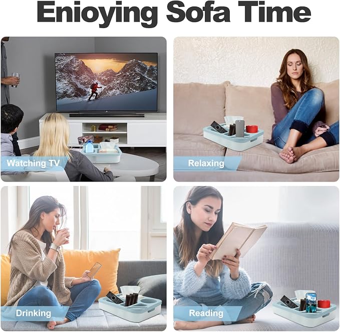 Couch Cup Holder Tray for Bed Sofa Organizer, Silicone Couch Caddy with Rotatable Phone Holder, Anti Spill Couch Drink Holder for Snacks Beverage TV Remote Cellphone(Blue)