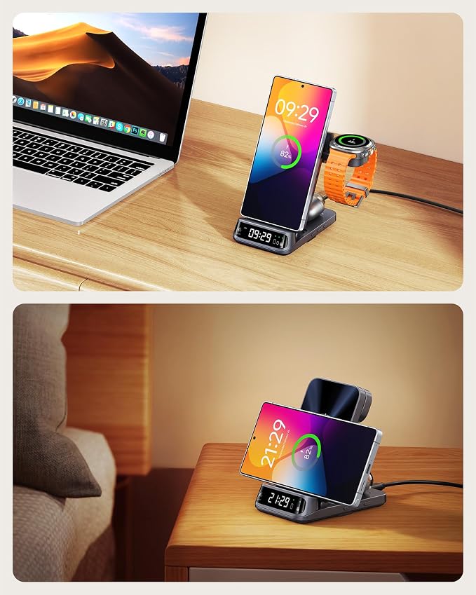 SwanScout 708S 3-in-1 Wireless Charging Station for Samsung S25 Ultra/S25/S24/S23/S22/Z Flip7, Foldable Wireless Charger for Galaxy Watch 8 Classic/8/Ultra/7/FE/6/5 (No Adapter)