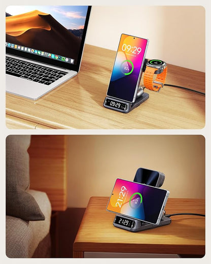 SwanScout 708S 3-in-1 Wireless Charging Station for Samsung S25 Ultra/S25/S24/S23/S22/Z Flip7, Foldable Wireless Charger for Galaxy Watch 8 Classic/8/Ultra/7/FE/6/5 (No Adapter)