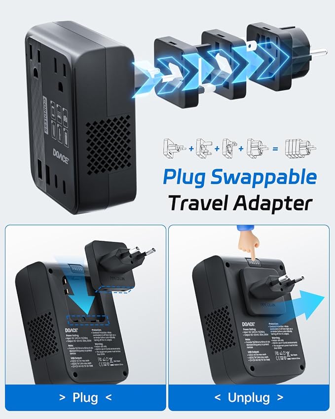 DOACE 220V to 110V Converter 350W Voltage Converter US to Europe for Hair Straightener/Curling Iron Converter for European Travel with 4-Port USB Charging and UK/AU/US/EU Worldwide Plug Adapter