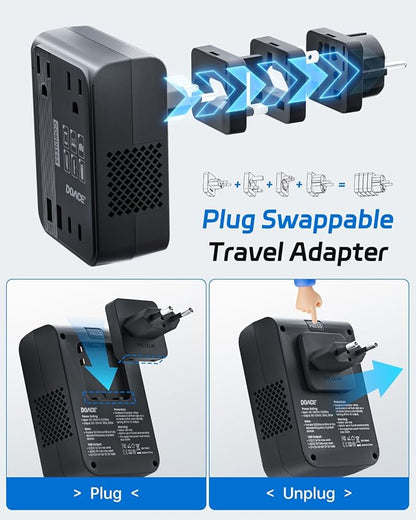 DOACE 220V to 110V Converter 350W Voltage Converter US to Europe for Hair Straightener/Curling Iron Converter for European Travel with 4-Port USB Charging and UK/AU/US/EU Worldwide Plug Adapter