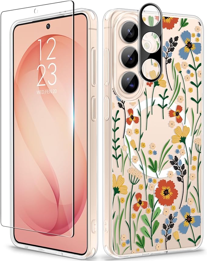GVIEWIN for Samsung Galaxy S26 Plus Case Compatible with MagSafe, Clear Floral Shockproof Protective Women Phone Case, Non-Yellowing, Screen&Camera Lens Protector for S26 Plus 6.7",Blooming Flowerets