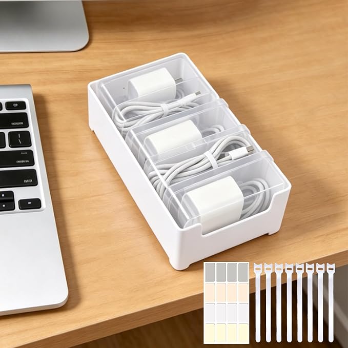5 Individual Cable Organizer Boxes With Base, Cord Storage Organizer With Labels And Cable Straps For Charging Cables, Adapters, Earphones (5 pcs Individual Cable, 1 Pack)