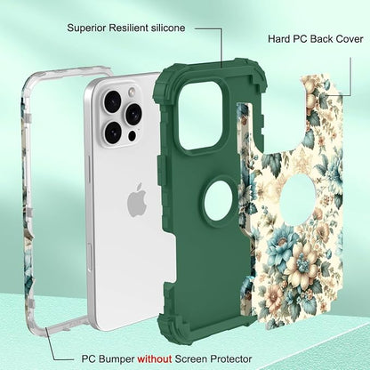 Hocase for iPhone 16 Pro Max Case, Heavy Duty Shockproof Protection Soft Silicone Rubber+Hard Plastic Bumpers Hybrid Protective Case for iPhone 16 Pro Max 2024 - Teal Blue Flowers