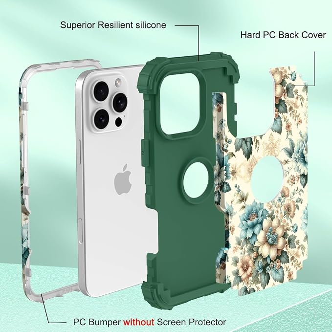 Hocase for iPhone 16 Pro Case 6.3", Heavy Duty Shockproof Protection Soft Silicone Rubber+Hard Plastic Bumpers Hybrid Protective Case for iPhone 16 Pro 2024 - Teal Blue Flowers