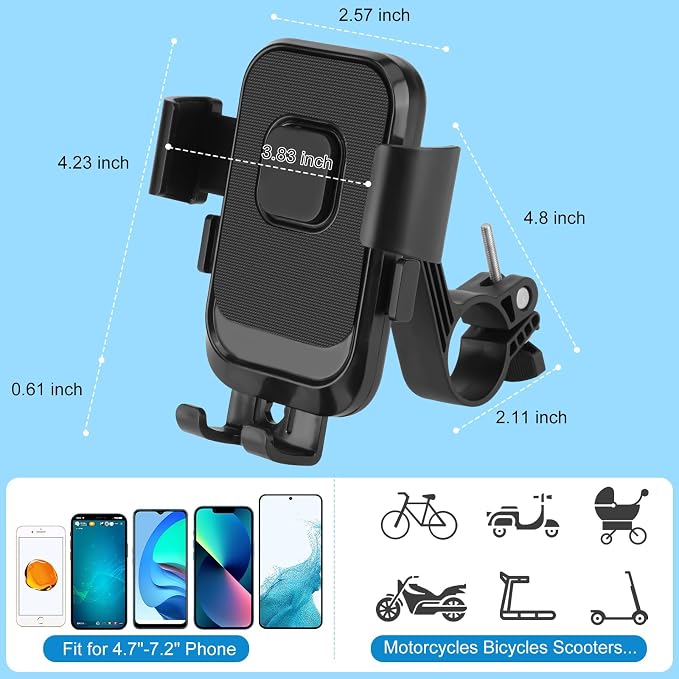 Kairiyard Motorcycle Phone Mount, 1s Auto Lock Bike Phone Holder, Bicycle Handlebar Cell Phone Mount 360 Degree Rotatable for Mountain Bike ATV Electric Scooter