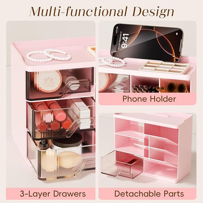 Small Makeup Organizer with Drawers, Stackable Bathroom Couneter Organizer with Phone Holder, Versatile Vanity Organizer Countertop, Cosmetic Organizer for Makeup Brush, Skin Care, Lotion -Pink,1Pack