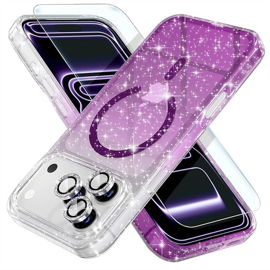 Choiche Magnetic for iPhone 17 Pro Max Case Compatible with MagSafe, Women Cute Glitter Sparkly Phone Case with Diamond Camera Lens Protectors, Military-Grade Drop Protection 6.9" (Clear/Purple)