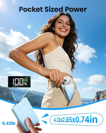 Magnetic Portable Charger, 22.5W Power Bank Fast Charging 10000mAh, Portable Charger with Built in Cable, for Magsafe Battery Pack Compatible with iPhone 17/16/15/14/13/12 Pro/Pro Max Sky Blue