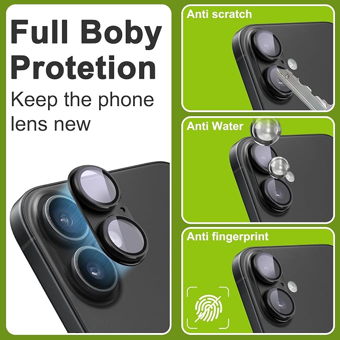 2-Pack Shatterproof Camera Lens Protector for iPhone 16/16 Plus |AR Tempered Glass Strong Adsorption Metal Camera Cover Screen(Black)