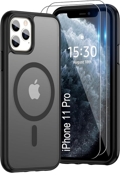 For iPhone 11 Pro Case [Compatible with Magsafe] Translucent Matte Magnetic 11 Pro Phone Case with Screen Protector,SlimThin Shockproof Military Grade Drop Protection Cover for iPhone 11 Pro-Black