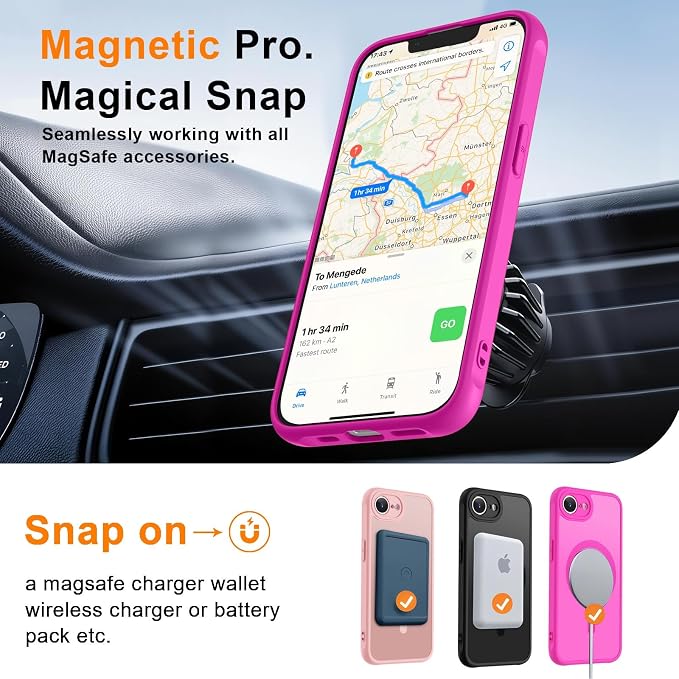 MOCCA Strong Magnetic for iPhone 17e Case/iPhone 16e Case [Compatible with Magsafe] [Full Camera Protection] Slim Translucent Matte Shockproof Phone Case for iPhone 17e / 16e 6.1", Hot Pink
