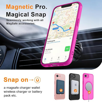 MOCCA Strong Magnetic for iPhone 17e Case/iPhone 16e Case [Compatible with Magsafe] [Full Camera Protection] Slim Translucent Matte Shockproof Phone Case for iPhone 17e / 16e 6.1", Hot Pink