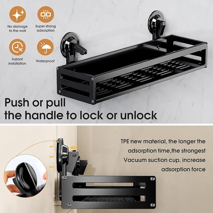 Shower Caddy Suction Cup, 11.8 inch 2 Pack Suction Shower Shelf with Hooks NO-Drilling Bathroom Holder, Rustproof Bathroom Organizer, Black,Includes 2 Extra Suction Cups for Replacement Use