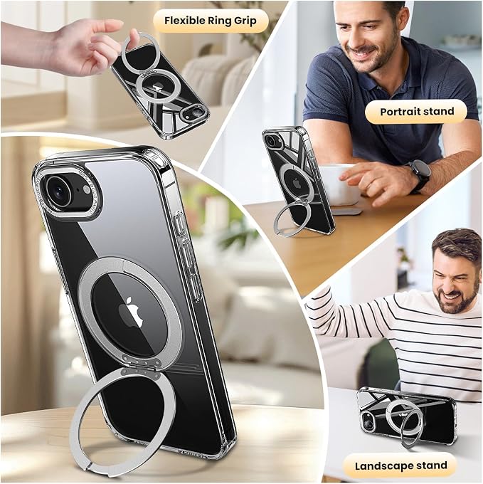3 in 1 for iPhone 16E/17E Case Clear with Ring Holder,Screen Protector*2, Build in Kickstand,Military-Grade Protection for iPhone 16e&17e Case 6.1 inch Clear - MagStand