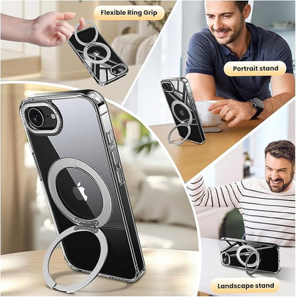 3 in 1 for iPhone 16E/17E Case Clear with Ring Holder,Screen Protector*2, Build in Kickstand,Military-Grade Protection for iPhone 16e&17e Case 6.1 inch Clear - MagStand