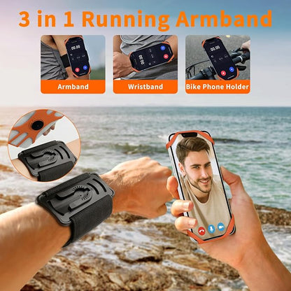 3in1 Phone Holder for Running,Arm Band/Wrist Holder/Bike Mount,Phone Armbands 360° Rotation & Detachable Fit All 4.5-7" Phone for iPhone 17/16/15/Pro/14/13/12/mini/Pro Max/XS/XR (Orange)