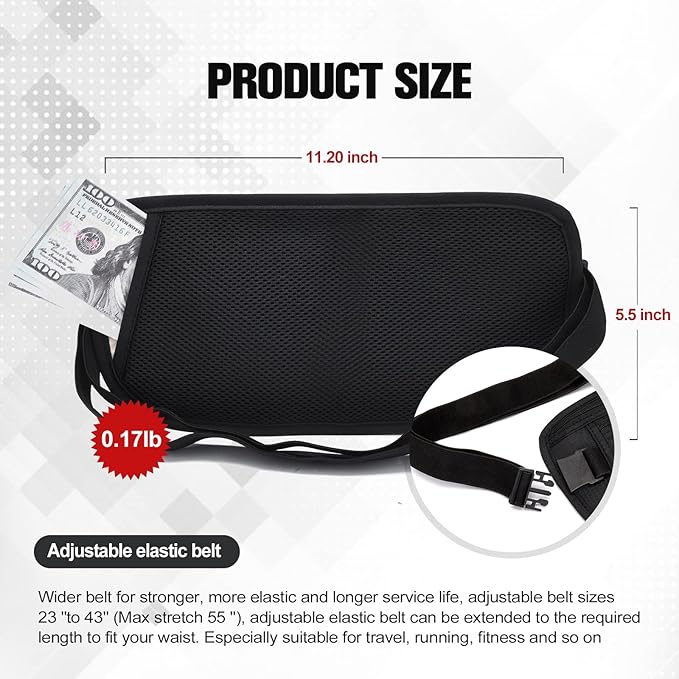 Unisex Money Belt For Men and Women, Slim Passport Holder RFID Blocking Travel Essentials Pouch with Adjustable Strap Small Waist Pouch for Workout Running Travelling Hiking (Black 2 Packs)