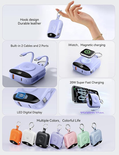 Portable Charger Power Bank, 10000mAh Fast Charging Power Bank with Built-in Cables, Travel Keychain Battery Pack with LED Display for iPhone Samsung Android iPad iWatch Charger 11/10/9/8/Ultra,Purple