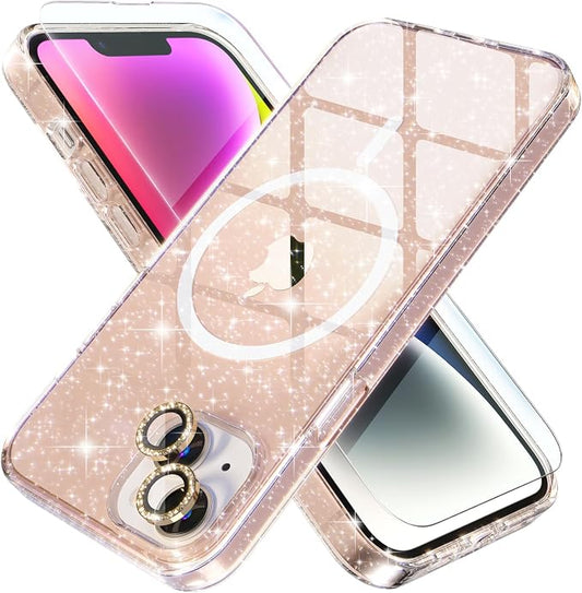 Choiche Magnetic Case for iPhone 14 Plus, Women Clear Glitter Bling Sparkly Case, [2xDiamond Camera Lens Protectors] [2xTempered Glass Screen Protectors] [Compatible MagSafe] (Glitter Gold)