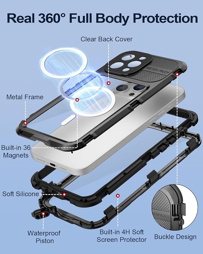 WIFORT for iPhone 13 Pro Max Waterproof Case, Metal Heavy Duty Phone Case Built-in Screen Protector IP68 Water Proof 15FT Military Grade Shockproof, Full Body Drop Protection Cover, 6.7" Black