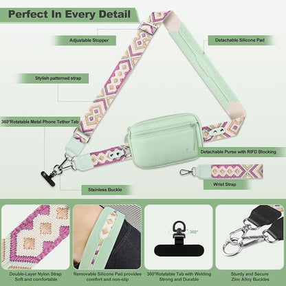 YFWE Clip and Go Strap for Phone with Wallet Crossbody, Adjustable Phone Lanyard with Detachable RFID Wristlet Wallet, Pattern Strap, Green (M)