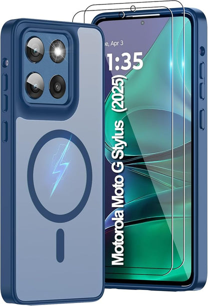 Compatible for Motorola Moto G Stylus 2025 Phone Case: [Mag-Safe Fit] with 2pc HD Screen Protector, Matte Translucent Soft-Touch Skin & Full Body for Moto GStylus 2025, Blue