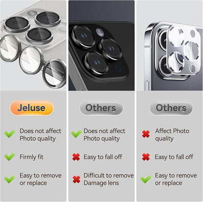 Jeluse Camera Lens Protector for iPhone 17 Pro Max/17 Pro/16 Pro Max/16 Pro/15 Pro Max/15 Pro/14 Pro Max/14 Pro, 9H Tempered Glass Screen Protector Cover Alignment Kit Metal Individual Ring