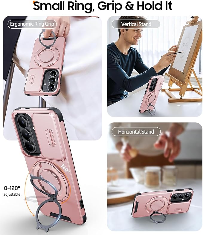 JAME for Samsung Galaxy S26 Case, Ring Holder Stand Kickstand, Slide Camera Cover with Screen Protector, Dual-Layer Shockproof Protective, Magnetic Accessory Friendly Galaxy S26 Phone Case, Pink
