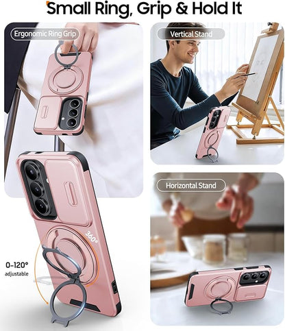 JAME for Samsung Galaxy S26 Case, Ring Holder Stand Kickstand, Slide Camera Cover with Screen Protector, Dual-Layer Shockproof Protective, Magnetic Accessory Friendly Galaxy S26 Phone Case, Pink