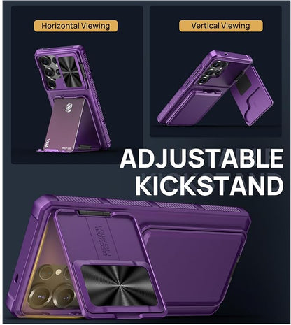 SSLOTSCASE for Samsung Galaxy S25 Ultra Case with Card Holder & Lens Cover & Hidden Kickstand, Silicone Edge Durable Protective Wallet Phone Case Cover for Galaxy S25 Ultra 6.9'', Dark Purple