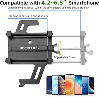 ROCKBROS Bike Phone Holder, Motorcycle Phone Mount, Anti-Shake Cell Phone Holder, 360° Adjustable for iPhone 16, 15 Pro Max/Plus, S9, S10 and More 4.7" to 7" Smartphones，Black
