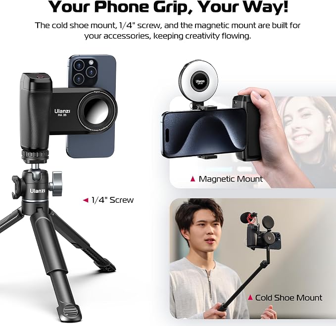 ULANZI Selfie Phone Tripod Mount MA35, 2-in-1 Magnetic & Phone Clip Camera Grip Handle Holder with Detachable Remote Shutter with Cold Shoe Adapter for iPhone 15 16 17 Samsung Video Shooting