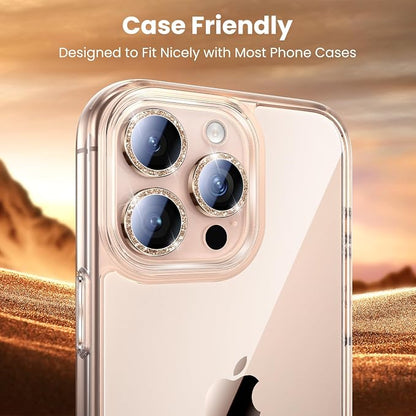 Uyiton for Bling iPhone 16 Pro Max / 16 Pro / 14 Pro Max / 14 Pro Camera Lens Protector - Not Easy to Break Strong Adsorption Individual Metal Tempered Glass Rear Camera Screen Cover - Glitter Titanium Desert