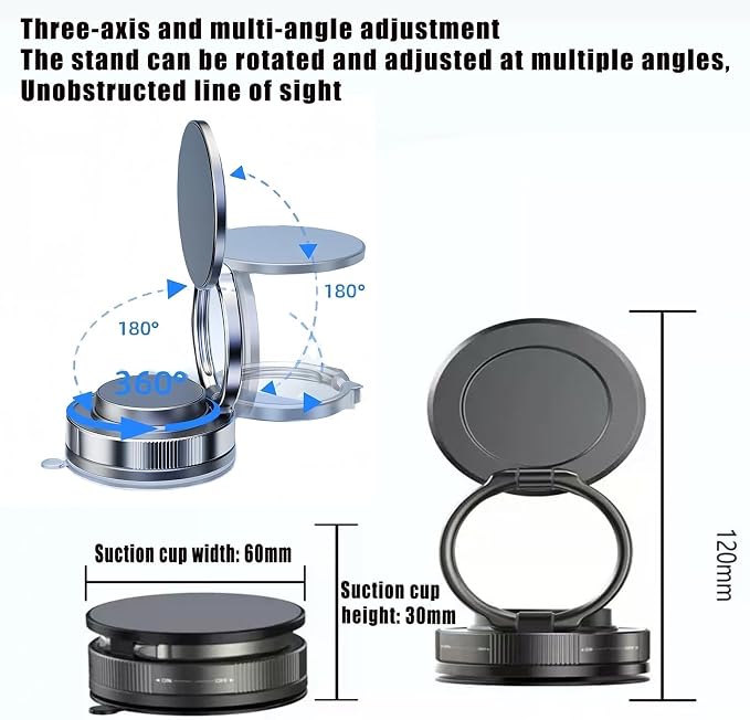 Vacuum Magnetic Car Phone Holder 361° Adjustable Foldable Portable Magnetic Phone Holder for Car for Car/Gym/Mirror/Smooth Surface Suction Cup Phone Mount Compatible for All Smartphones (Black)