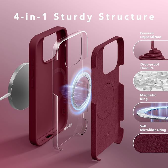 GONEZ Magnetic for iPhone 15 Pro Case, Compatible with MagSafe, [Screen Protector + Camera Lens Protector], Silicone Shockproof Anti-Scratch Protective Phone Case 6.1 inch, Maroon