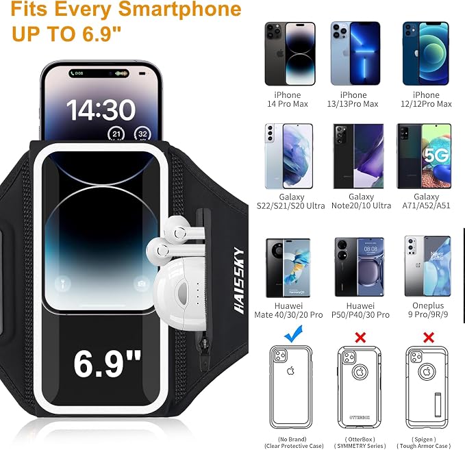 Running Armband with Earphone Bag Cell Phone Armband for iPhone 17 16 15 Pro 14 Plus 13 11 XR, Galaxy S24/S10 Water Resistant Sports Phone Holder Case & Zipper Slot Car Key Holder for 6.9 inch Phone