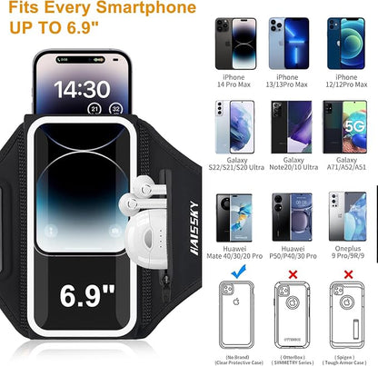 Running Armband with Earphone Bag Cell Phone Armband for iPhone 17 16 15 Pro 14 Plus 13 11 XR, Galaxy S24/S10 Water Resistant Sports Phone Holder Case & Zipper Slot Car Key Holder for 6.9 inch Phone