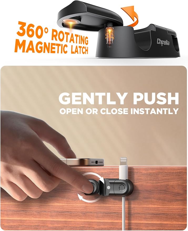 Magnetic Cable Clips - Chfeila 8Pack [Dual Slot] [360°Rotating & Twist-Lock] Cord Management, Adhesive Phone Charging Keeper, Wire Organizer Holder for Nightstand, Home Office Desk Accessories Decor