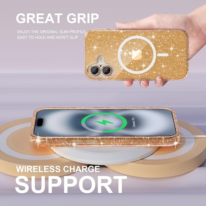 Choiche for iPhone 16 Case Magnetic, Women Clear Glitter Bling Sparkly Case, [2xDiamond Camera Lens Protectors] [2xTempered Glass Screen Protectors] [Compatible MagSafe] 6.1" (Glitter Gold)