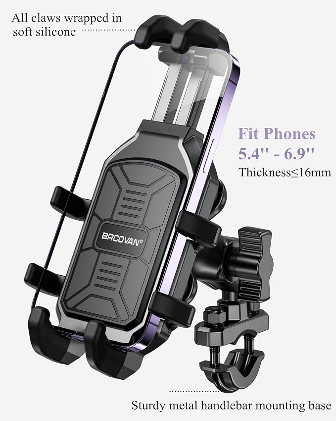 BRCOVAN Motorcycle Phone Mount Holder with Vibration Dampener, Anti-Shake Handlebar Cellphone Cradle for Bike Bicycle Scooter ATV, Adjustable Fit 5.4-6.9'' Smartphone