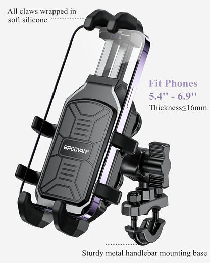BRCOVAN Motorcycle Phone Mount Holder with Vibration Dampener, Anti-Shake Handlebar Cellphone Cradle for Bike Bicycle Scooter ATV, Adjustable Fit 5.4-6.9'' Smartphone
