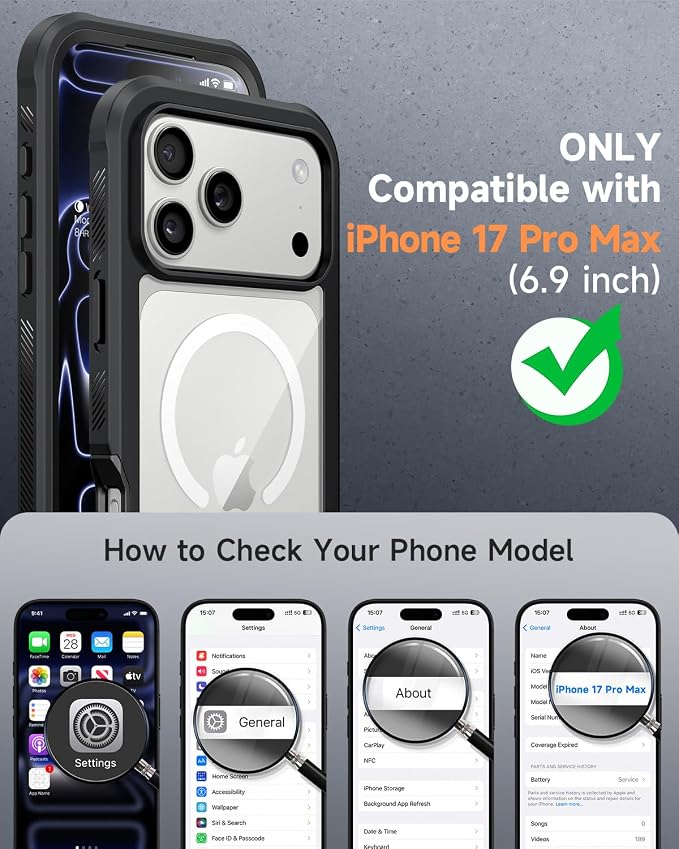 seacosmo for iPhone 17 Pro Max Case, Full Body Bumper with Built-in 9H Tempered Glass Screen and Camera Lens Protector, Compatible with MagSafe, Shockproof 17 Pro Max Phone Case, 6.9", Black