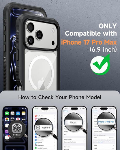 seacosmo for iPhone 17 Pro Max Case, Full Body Bumper with Built-in 9H Tempered Glass Screen and Camera Lens Protector, Compatible with MagSafe, Shockproof 17 Pro Max Phone Case, 6.9", Black