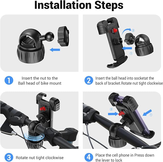 Bicycle Cell Phone Holder, 360 Degree Adjustable, Quick Mount, Bicycle Handlebar Cell Phone Holder for iPhone 16 15 14 Pro Max / 13/12, 4.7-7" Phones (Black)