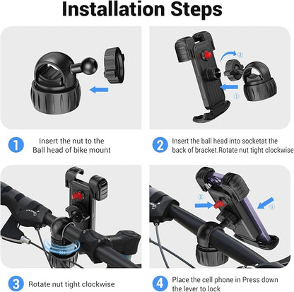 Bicycle Cell Phone Holder, 360 Degree Adjustable, Quick Mount, Bicycle Handlebar Cell Phone Holder for iPhone 16 15 14 Pro Max / 13/12, 4.7-7" Phones (Black)