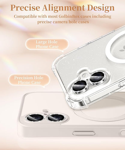 GolbinBox Camera Lens Protector for iPhone 17/16/16 Plus, 1:1 Invisible Fit, 9H Tempered Glass Ultra HD Metal Individual Camera Cover for Women, Case Friendly, Bling/Silver