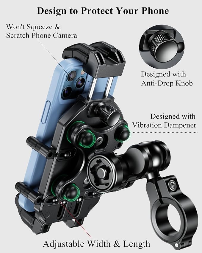 BRCOVAN Anti-Theft Motorcycle Phone Mount Holder with Vibration Dampener & Secure Lock, Adjustable Handlebar Cellphone Clamp for Bike Bicycle Scooter ATV, Fit 5.4-7.2'' Smartphone, Big Phone Friendly